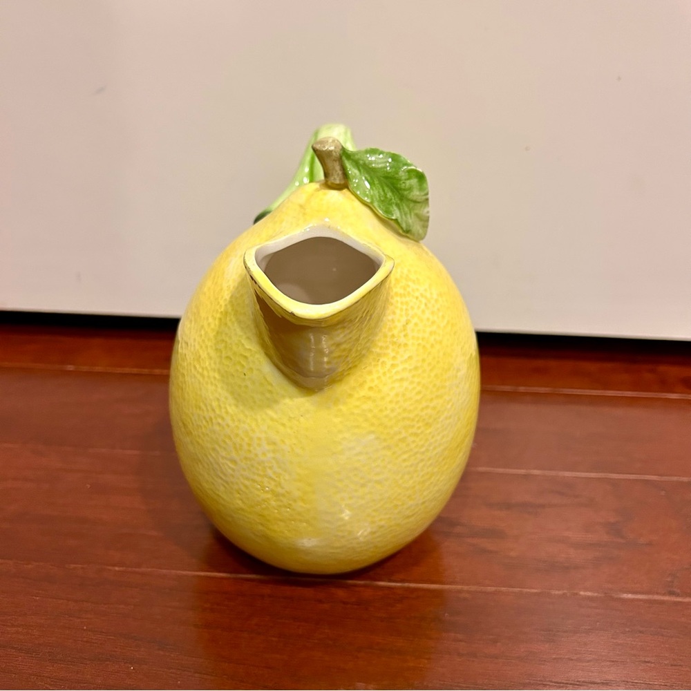 Vintage Ceramic Lemon Pitcher Green Leaf Handle Crafted in Japan hand painted - Picture 4 of 10